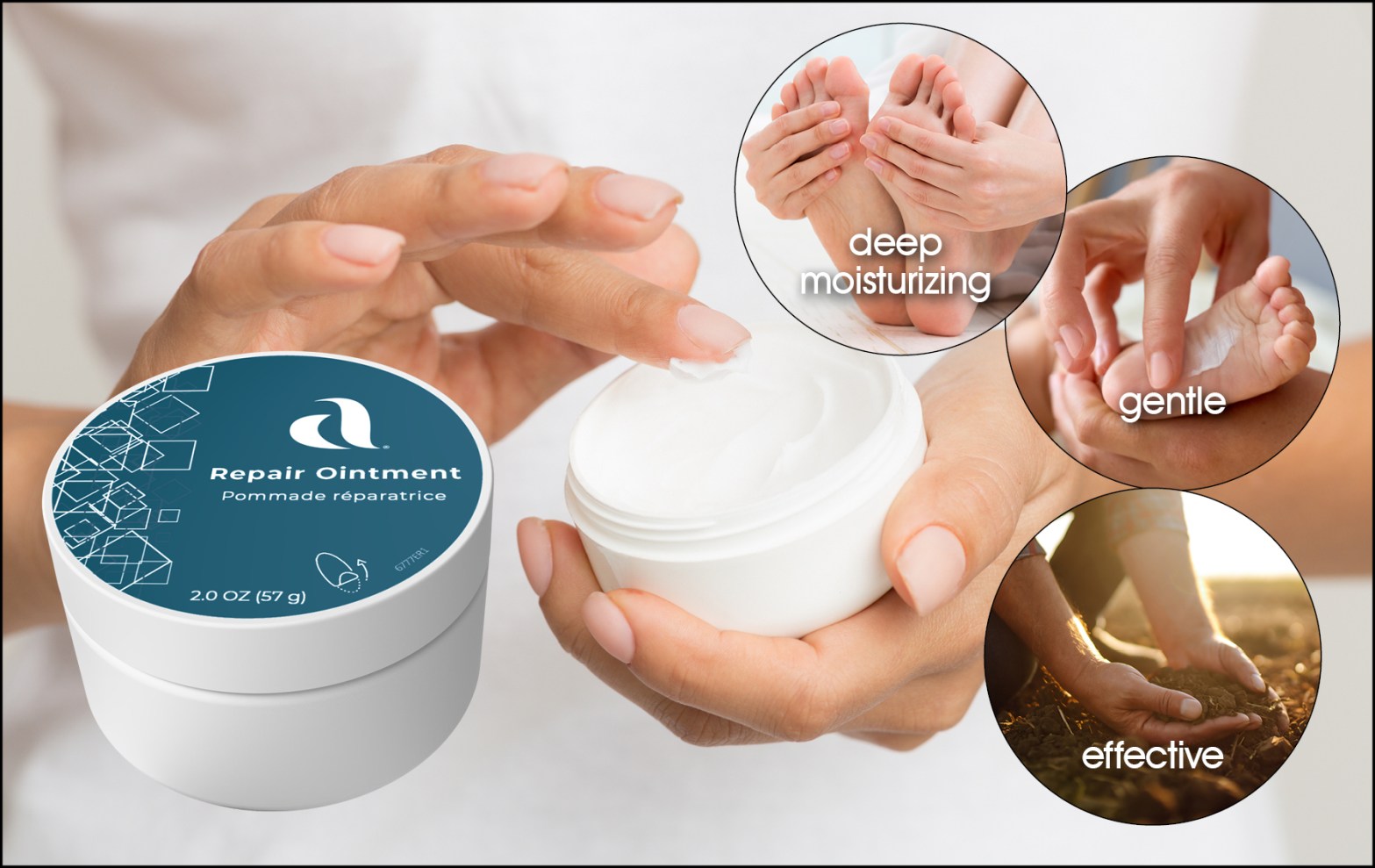 image of finger dipinto a jar of lotion and a jar of AIM Repair Ointment
