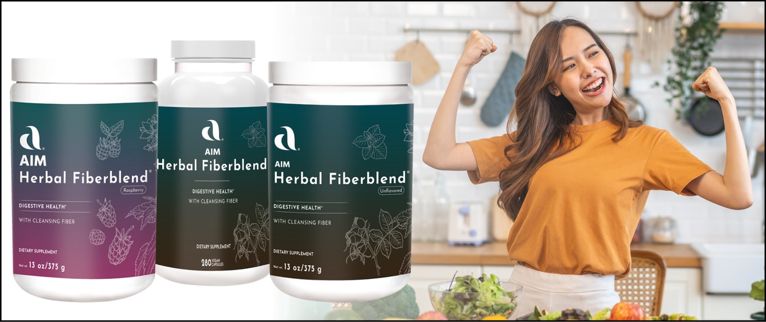 image of a young woman raising her arms in triumph with 3 AIM Herbal Fiberblend products near