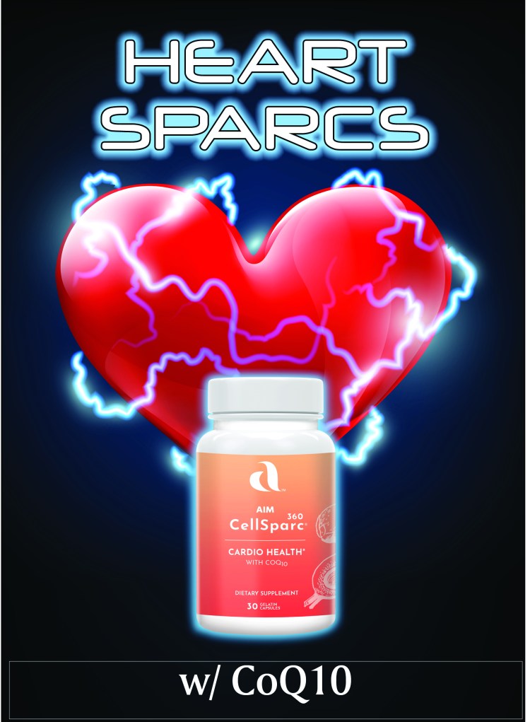 AIM CellSparc product in front of a heart with sparks emitting that reads "Heart Sparc"
